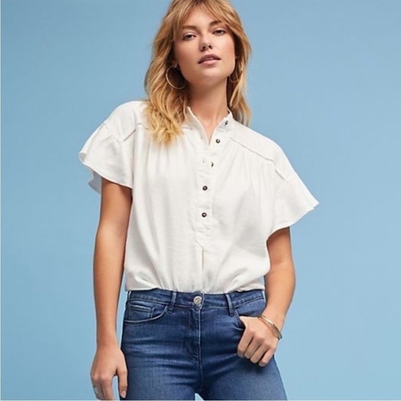 Anthropologie Maeve Sylvan White Linen Top Ruffle Flutter Sleeve Henley Size M - Picture 3 of 11